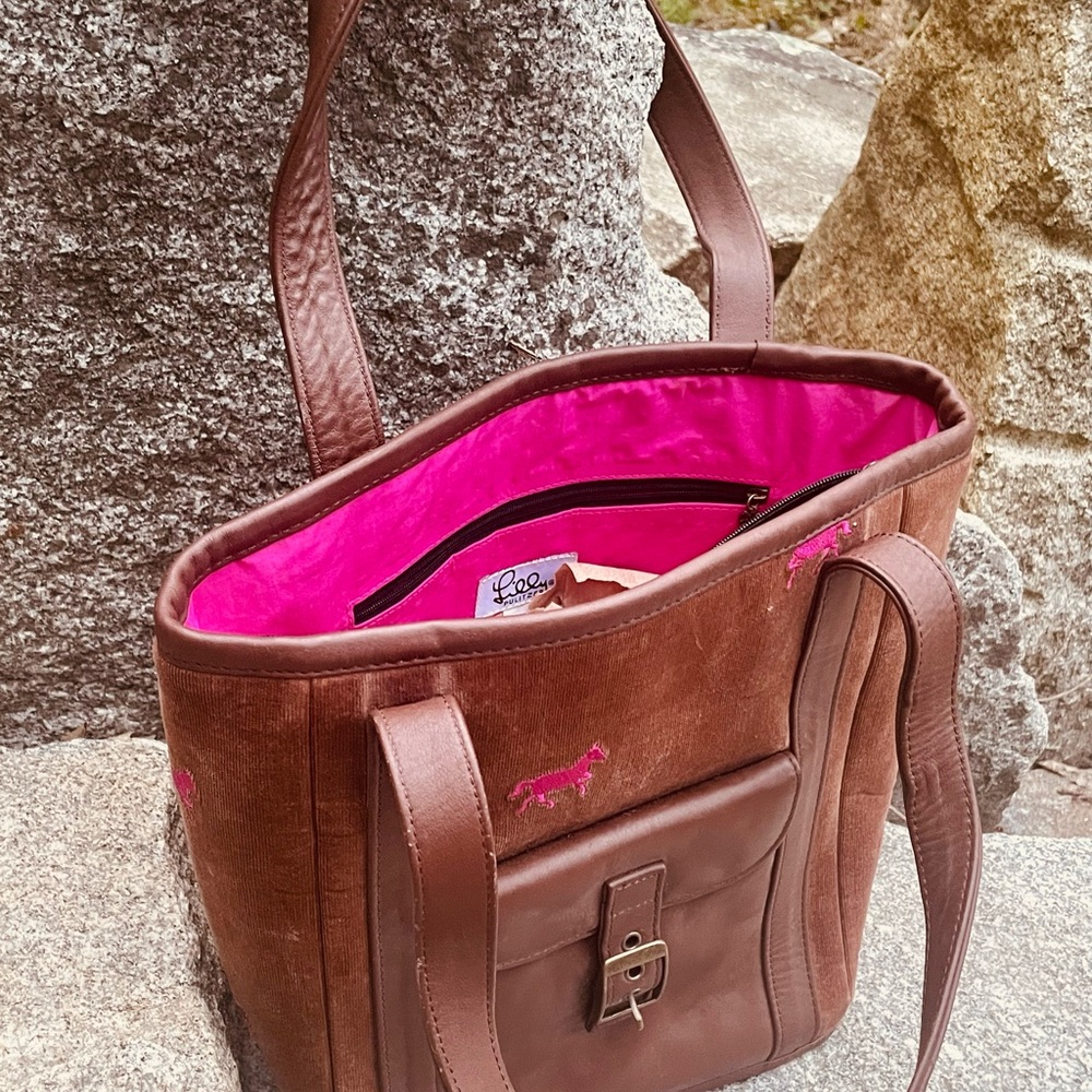 Lilly Pulitzer brown corduroy tote bag embroidered with pink horses